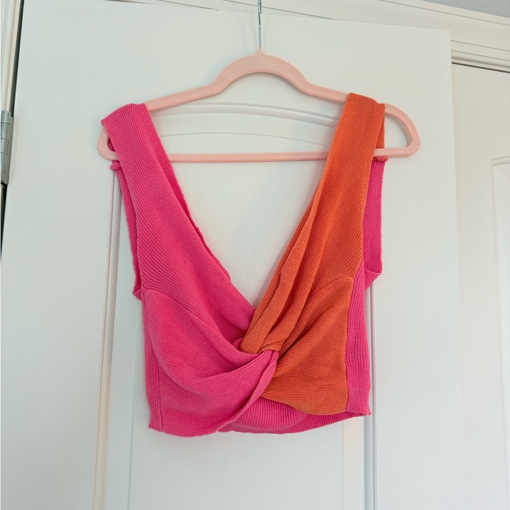 Pink and Orange Two Tone Twist Front Crop Knit Top